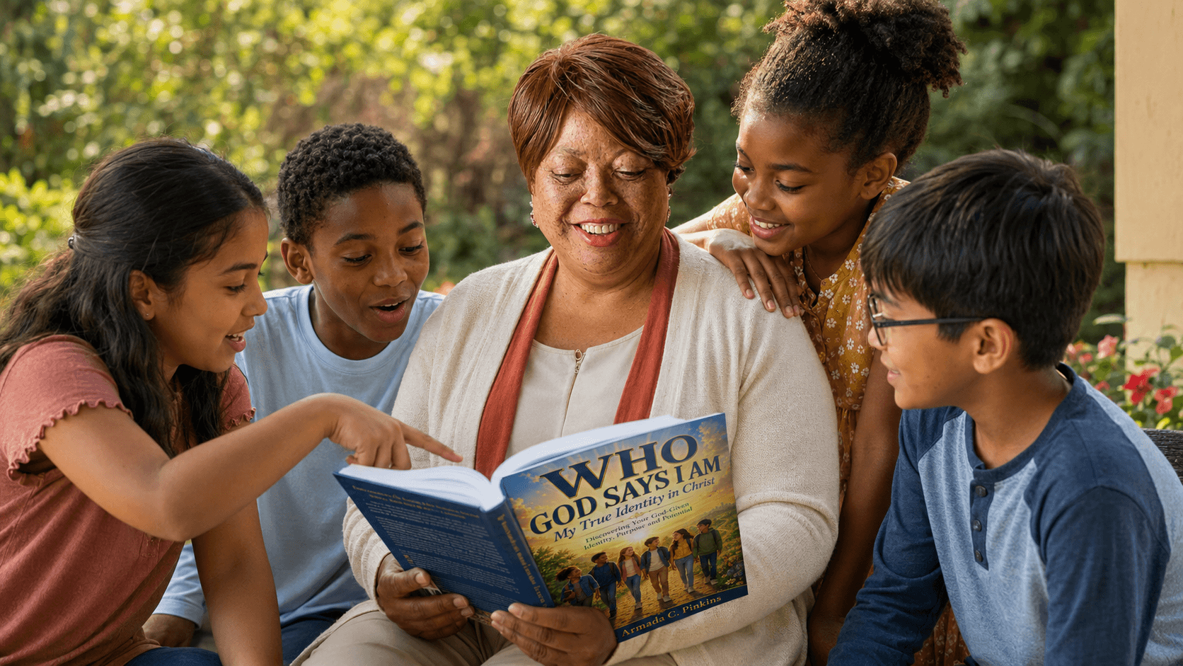 Dr. Pinkins reads 'Who God Says I Am' with a diverse group of children gathered warmly around her outdoors.