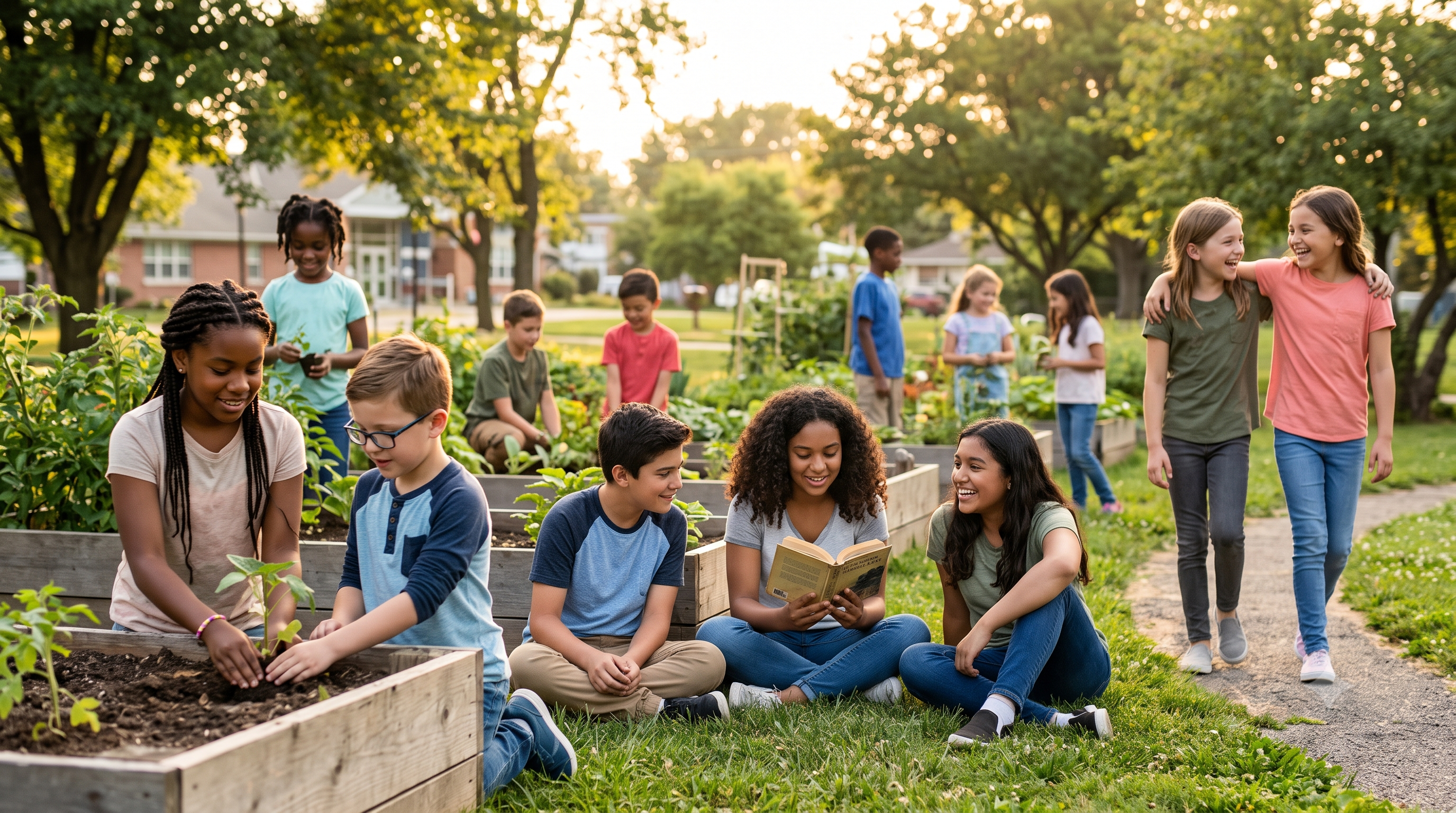 Children and young teens together outdoors in warm afternoon light.